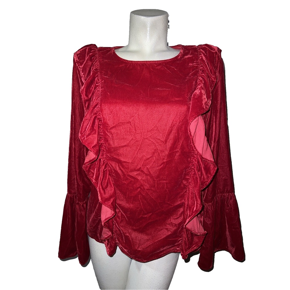 AMARYLLIS Womens Red Velvet Ruffle Bell Sleeve Top Size M Romantic Holiday Shirt